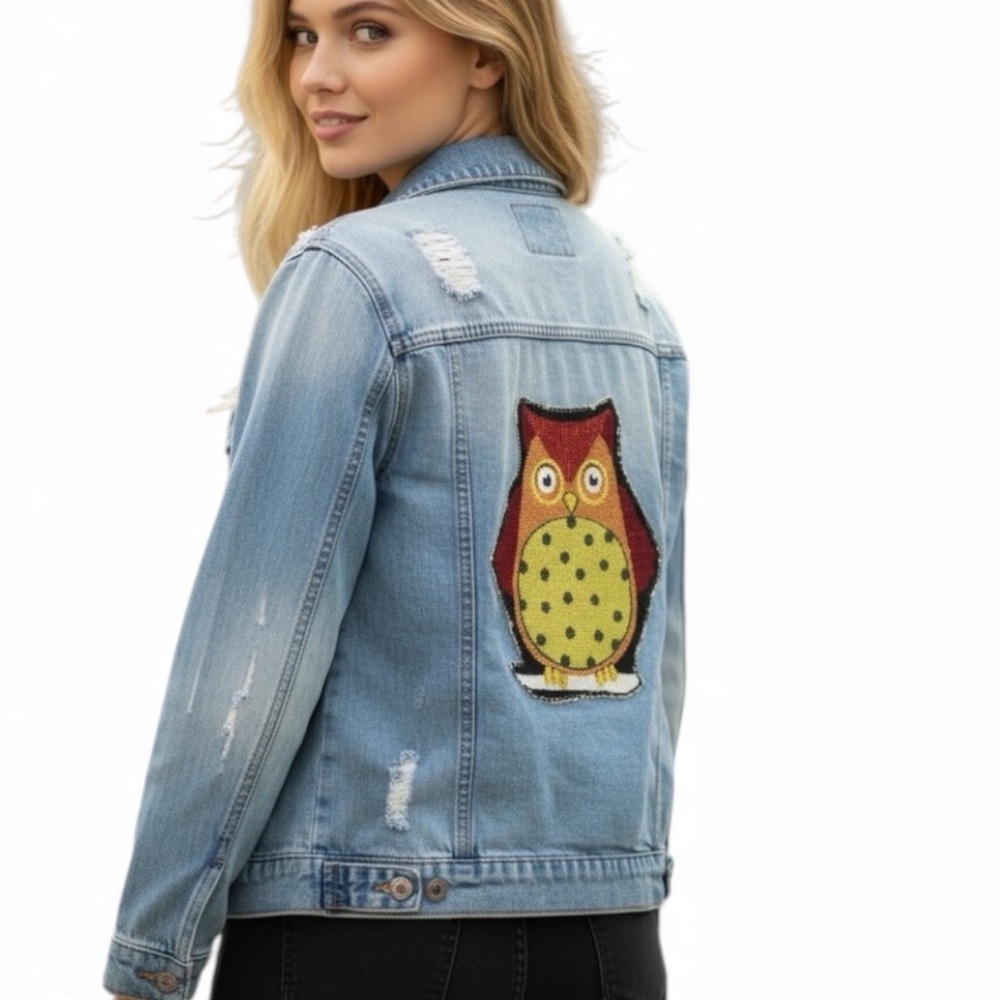 Forever 21 Light Blue Denim Jacket with‎ Hand Crafted Appliqué Owl on Back-Small